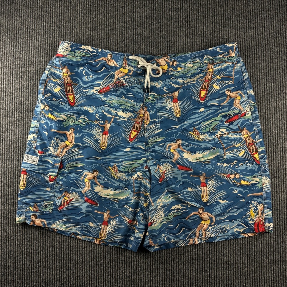 Polo Ralph Lauren Mens Blue Surfer Print Swim Trunks Board Shorts 3XB Big & Tall